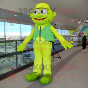 Lime Green Tightrope Walker mascot costume character dressed with a Joggers and Messenger bags