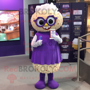 Purple Cupcake mascot costume character dressed with a Mini Dress and Reading glasses