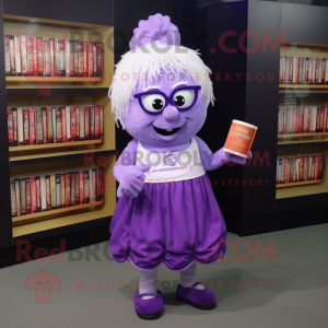 Purple Cupcake mascot costume character dressed with a Mini Dress and Reading glasses