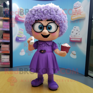 Purple Cupcake mascot costume character dressed with a Mini Dress and Reading glasses