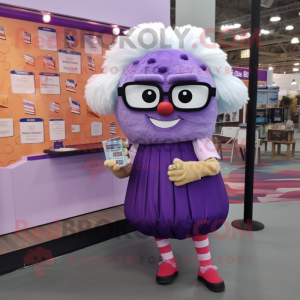 Purple Cupcake mascot costume character dressed with a Mini Dress and Reading glasses