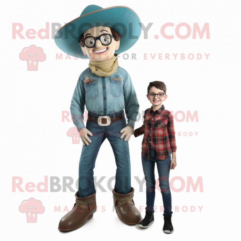 Teal Cowboy mascot costume character dressed with a Mom Jeans and Eyeglasses Teal Cowboy mascot costume character dressed with a Mom Jeans and Eyeglasses
