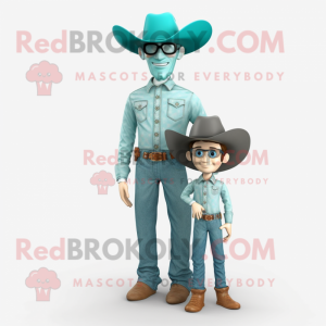 Teal Cowboy mascot costume character dressed with a Mom Jeans and Eyeglasses