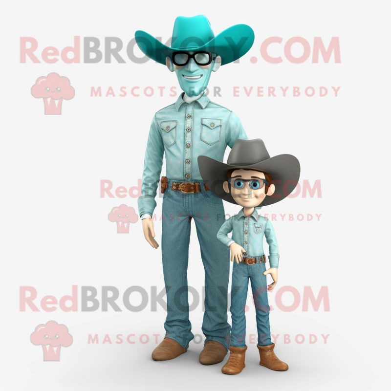 Teal Cowboy mascot costume character dressed with a Mom Jeans and Eyeglasses Teal Cowboy mascot costume character dressed with a Mom Jeans and Eyeglasses