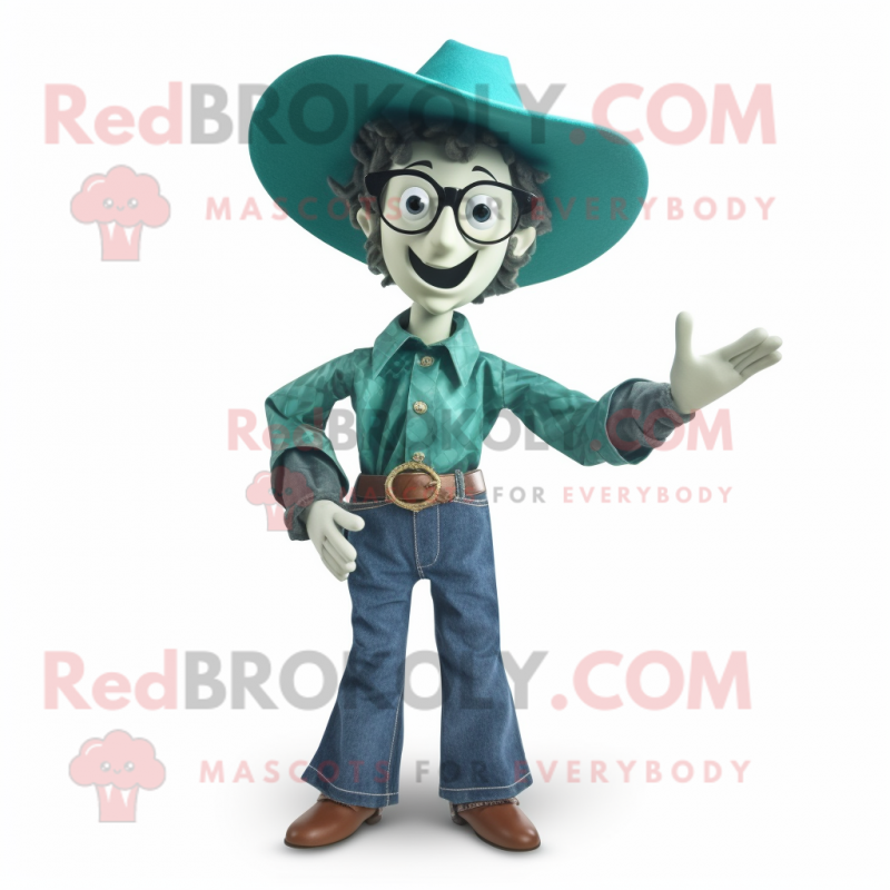 Teal Cowboy mascot costume character dressed with a Mom Jeans and Eyeglasses Teal Cowboy mascot costume character dressed with a Mom Jeans and Eyeglasses