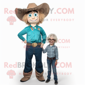 Teal Cowboy mascot costume character dressed with a Mom Jeans and Eyeglasses