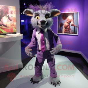Purple Aye-Aye mascot costume character dressed with a Suit Pants and Tie pins