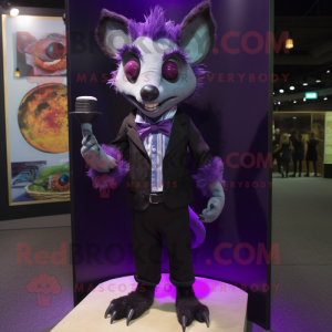 Purple Aye-Aye mascot costume character dressed with a Suit Pants and Tie pins