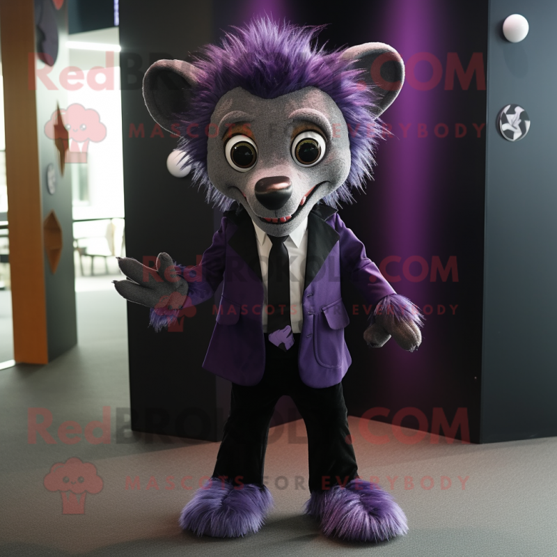 Purple Aye-Aye mascot costume character dressed with a Suit Pants and Tie pins Purple Aye-Aye mascot costume character dressed with a Suit Pants and Tie pins