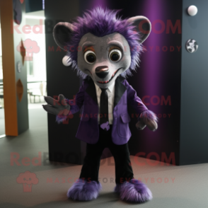 Purple Aye-Aye mascot costume character dressed with a Suit Pants and Tie pins