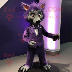 Purple Aye-Aye mascot costume character dressed with a Suit Pants and Tie pins