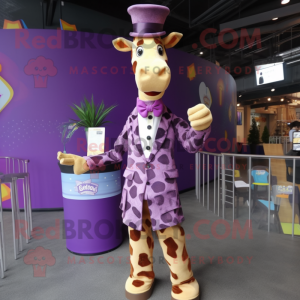 Purple Giraffe mascot costume character dressed with a Waistcoat and Hairpins