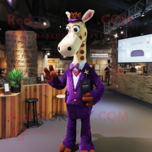 Purple Giraffe mascot costume character dressed with a Waistcoat and Hairpins