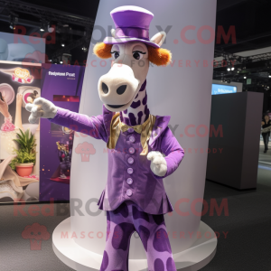 Purple Giraffe mascot costume character dressed with a Waistcoat and Hairpins