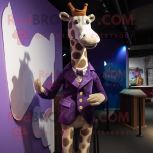 Purple Giraffe mascot costume character dressed with a Waistcoat and Hairpins