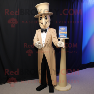 Tan Magician mascot costume character dressed with a Evening Gown and Tie pins