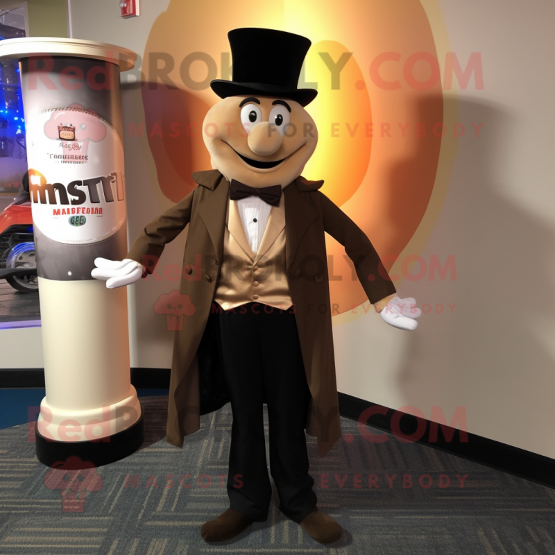 Tan Magician mascot costume character dressed with a Evening Gown and Tie pins Tan Magician mascot costume character dressed with a Evening Gown and Tie pins