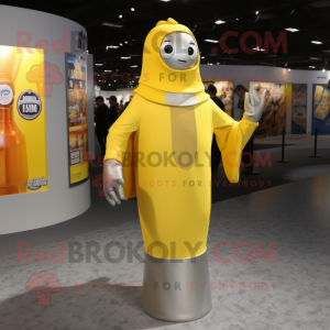 Silver Bottle Of Mustard mascot costume character dressed with a Jumpsuit and Wraps