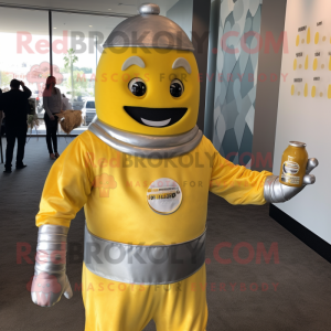 Silver Bottle Of Mustard mascot costume character dressed with a Jumpsuit and Wraps