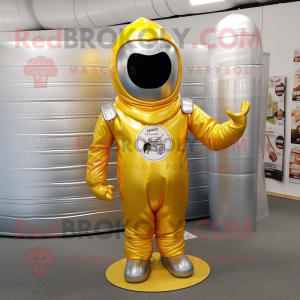 Silver Bottle Of Mustard mascot costume character dressed with a Jumpsuit and Wraps