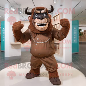 Brown Minotaur mascot costume character dressed with a Hoodie and Berets