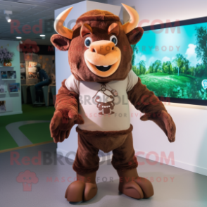 Brown Minotaur mascot costume character dressed with a Hoodie and Berets