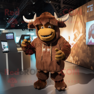 Brown Minotaur mascot costume character dressed with a Hoodie and Berets