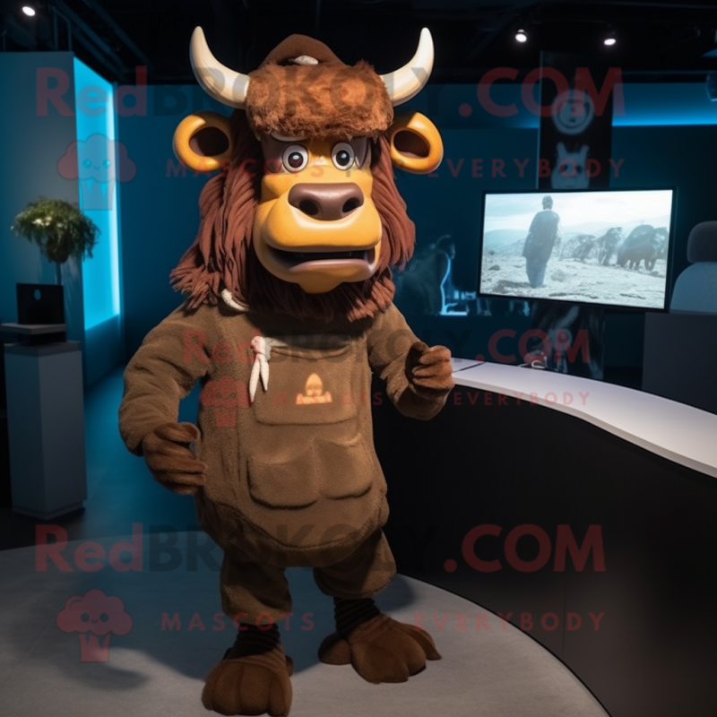 Brown Minotaur mascot costume character dressed with a Hoodie and Berets