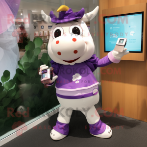 Lavender Hereford Cow mascot costume character dressed with a Culottes and Smartwatches