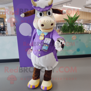 Lavender Hereford Cow mascot costume character dressed with a Culottes and Smartwatches