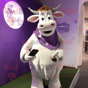 Lavender Hereford Cow mascot costume character dressed with a Culottes and Smartwatches