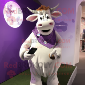 Lavender Hereford Cow mascot costume character dressed with a Culottes and Smartwatches
