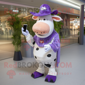 Lavender Hereford Cow mascot costume character dressed with a Culottes and Smartwatches