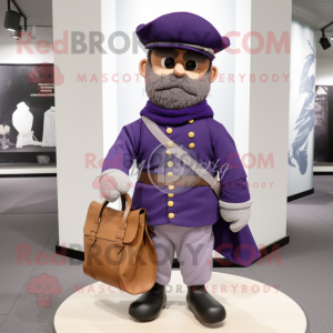 Purple Civil War Soldier mascot costume character dressed with a Cardigan and Messenger bags