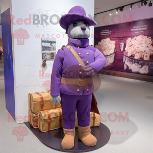 Purple Civil War Soldier mascot costume character dressed with a Cardigan and Messenger bags