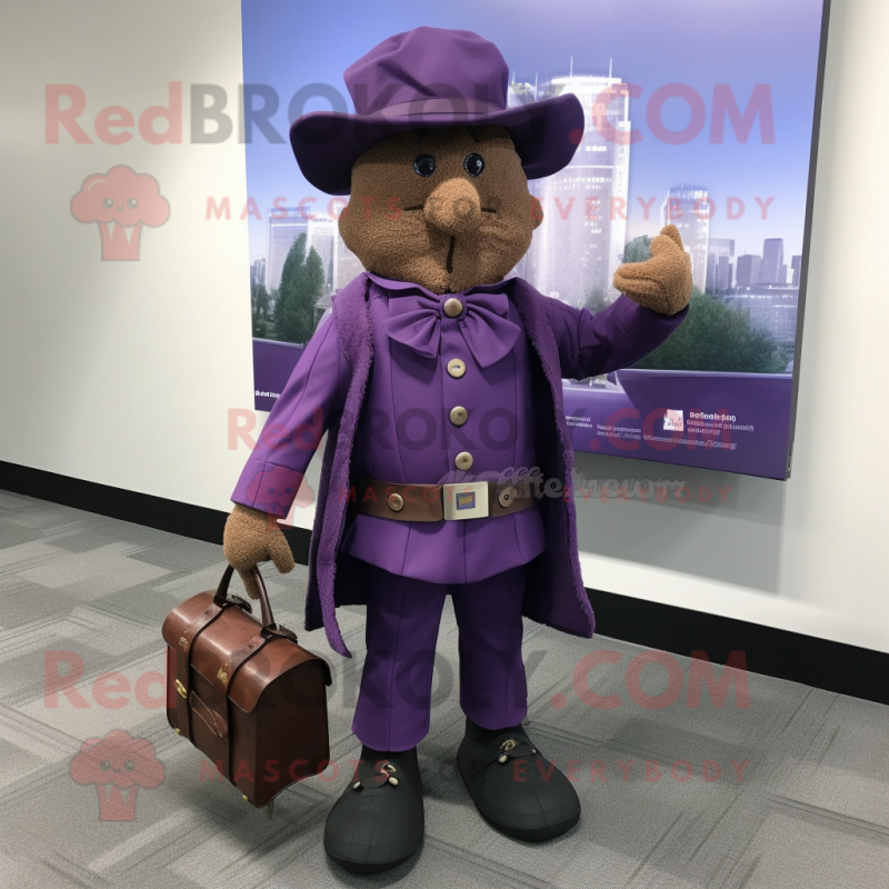 Purple Civil War Soldier mascot costume character dressed with a Cardigan and Messenger bags