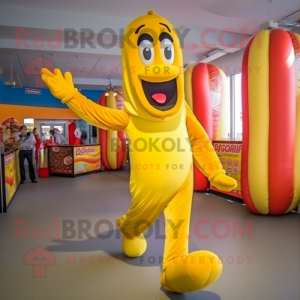 Gold Hot Dogs mascot costume character dressed with a Leggings and Gloves