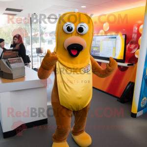 Gold Hot Dogs mascot costume character dressed with a Leggings and Gloves