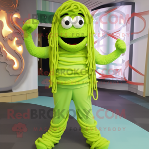 Lime Green Spaghetti mascot costume character dressed with a Overalls and Shoe laces