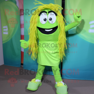 Lime Green Spaghetti mascot costume character dressed with a Overalls and Shoe laces