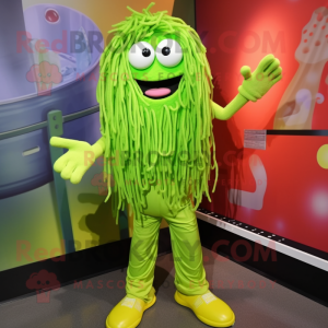 Lime Green Spaghetti mascot costume character dressed with a Overalls and Shoe laces