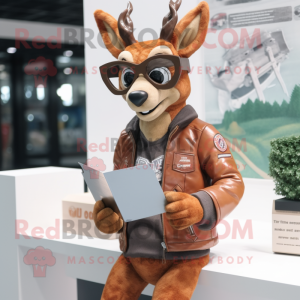 Rust Deer mascot costume character dressed with a Moto Jacket and Reading glasses