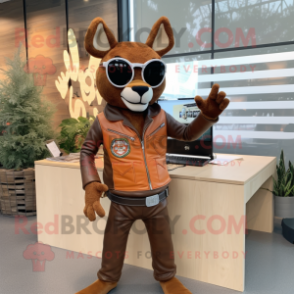 Rust Deer mascot costume character dressed with a Moto Jacket and Reading glasses