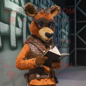 Rust Deer mascot costume character dressed with a Moto Jacket and Reading glasses