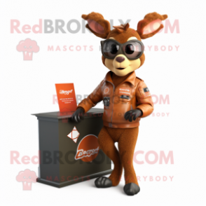 Rust Deer mascot costume character dressed with a Moto Jacket and Reading glasses