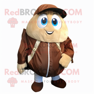 Brown Shakshuka mascot costume character dressed with a Poplin Shirt and Backpacks
