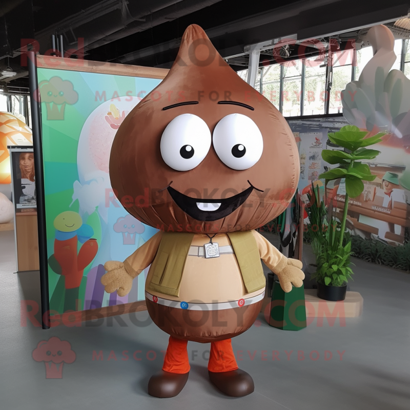 Brown Shakshuka mascot costume character dressed with a Poplin Shirt and Backpacks Brown Shakshuka mascot costume character dressed with a Poplin Shirt and Backpacks