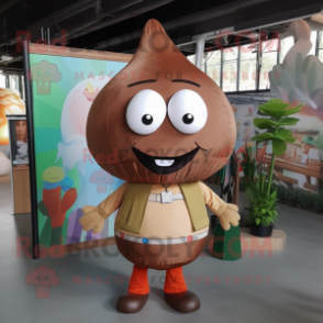 Brown Shakshuka mascot costume character dressed with a Poplin Shirt and Backpacks