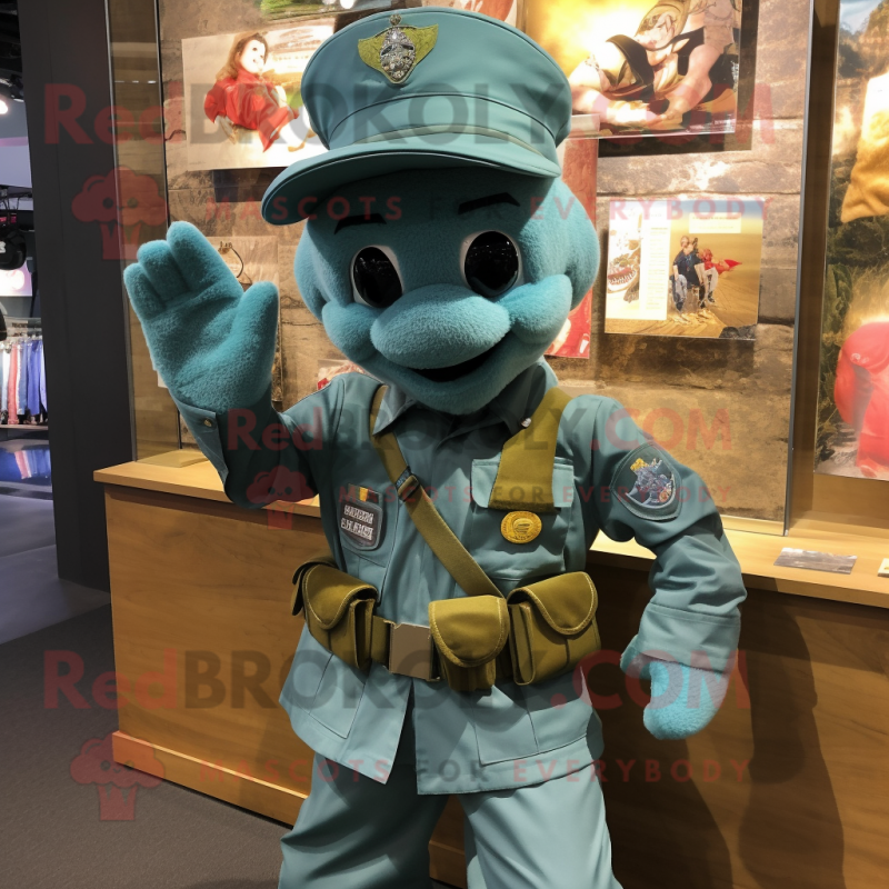 Teal Army Soldier mascot costume character dressed with a Chambray Shirt and Brooches