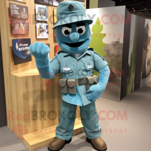 Teal Army Soldier mascot costume character dressed with a Chambray Shirt and Brooches